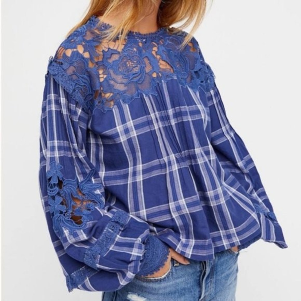 NWT Free people navy blue darling Diana lace plaid top size smal
